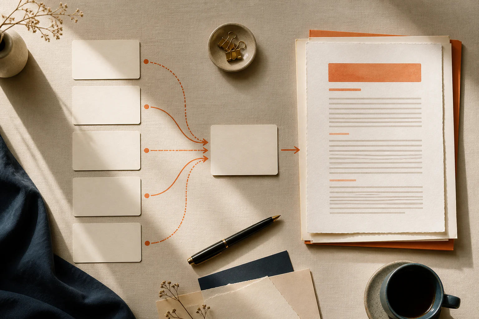 Blank conversation cards flowing into one polished paper draft on a warm writing desk