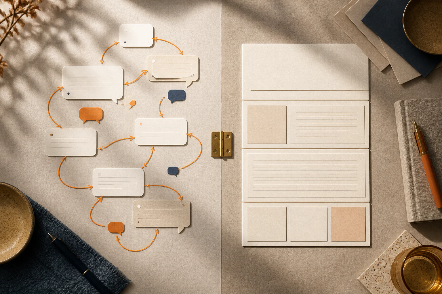 Conversation cards connected by looping paths beside one structured document on a divided desk