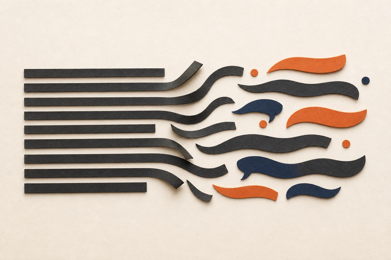Rigid charcoal paper lines loosening into varied orange and navy conversational curves