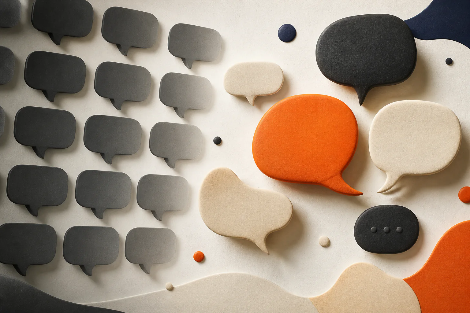 Repeated charcoal speech bubbles becoming a varied, warm conversation