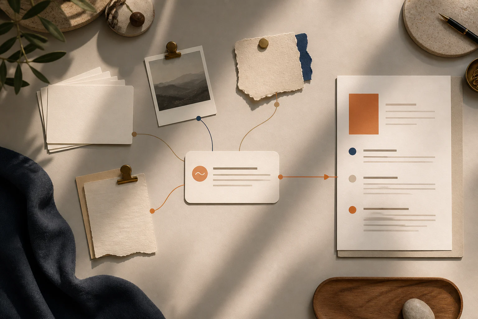 Notes, a photo, and paper sources connected to one conversation card and an organized answer