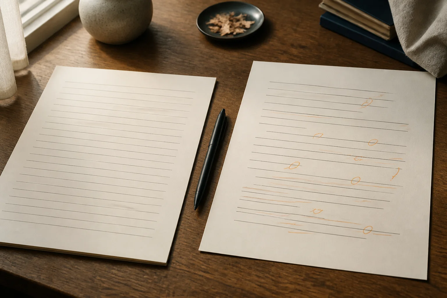 Two paper drafts with rigid and varied line rhythms on a real writing desk