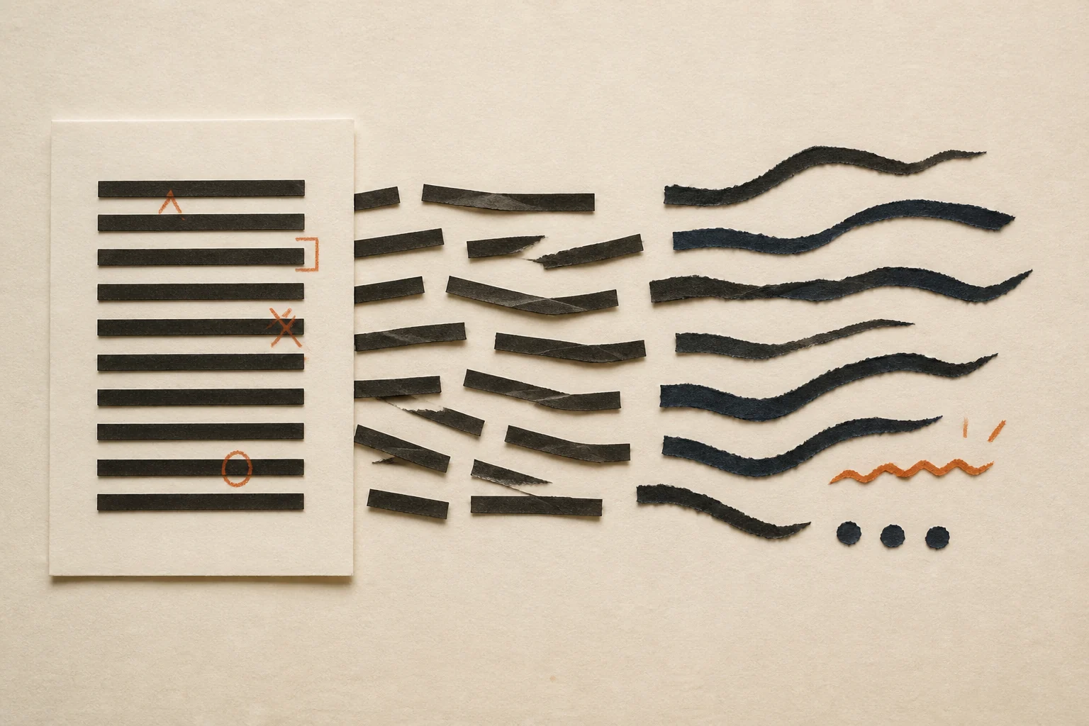 Rigid paper text lines unfolding into varied natural rhythms with orange proofreader marks