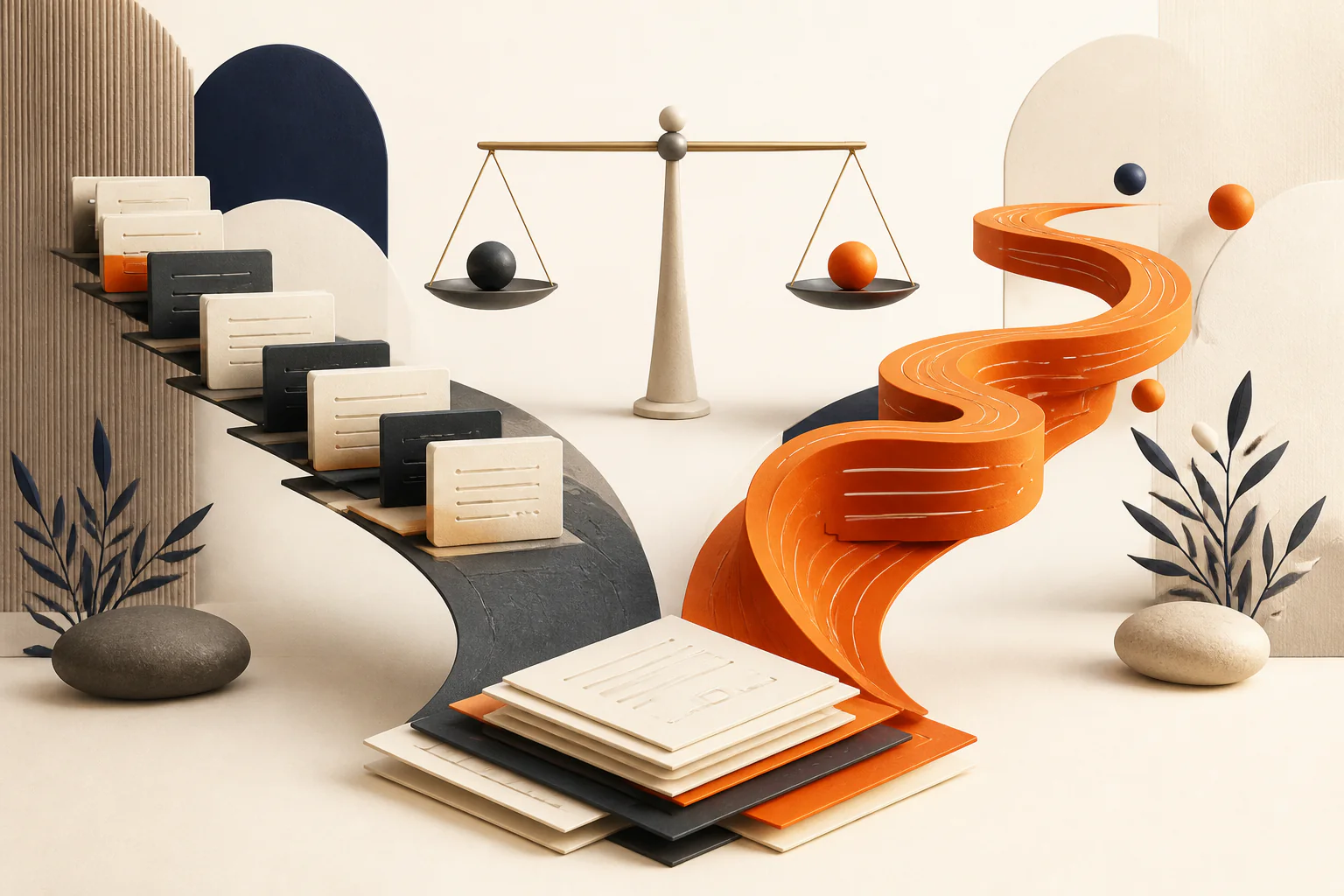 Two writing paths compared with a balance and flowing orange forms