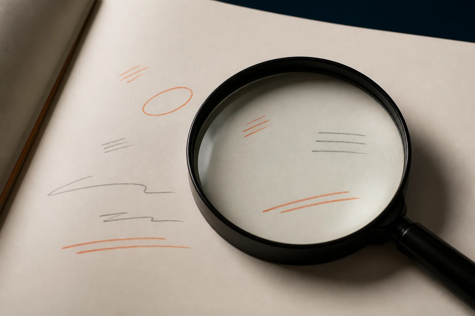 A black magnifying glass examining abstract proofreading marks on cream paper