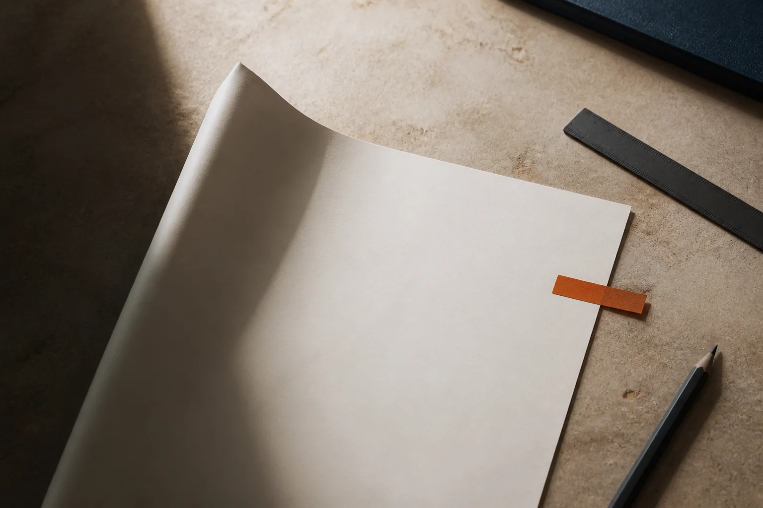 A blank paper page moving from a band of shadow into natural window light