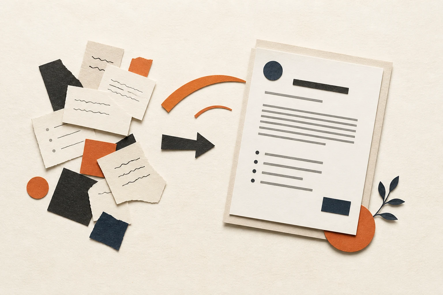 Scattered paper notes becoming one clear and polished document on a cream desk